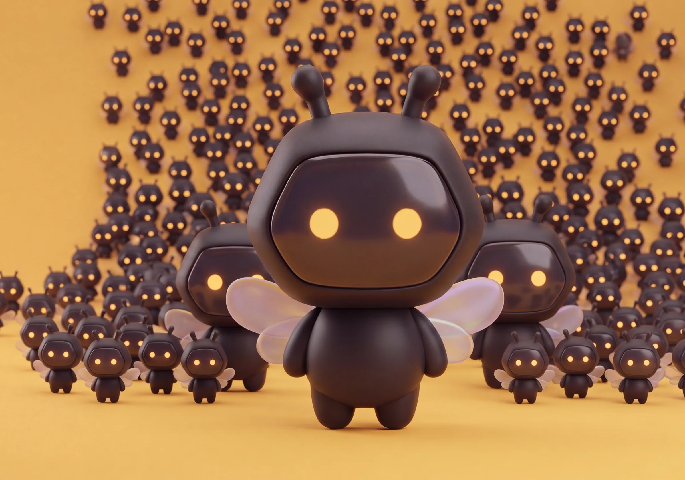 A swarm of small black robot bees with glowing eyes on honey yellow